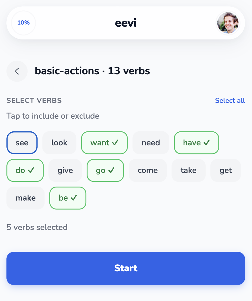 Verb Games verb-selection screen for basic-actions, with 13 verbs as pill buttons. Five are selected (want, have, do, go, be) and a blue Start button is at the bottom.