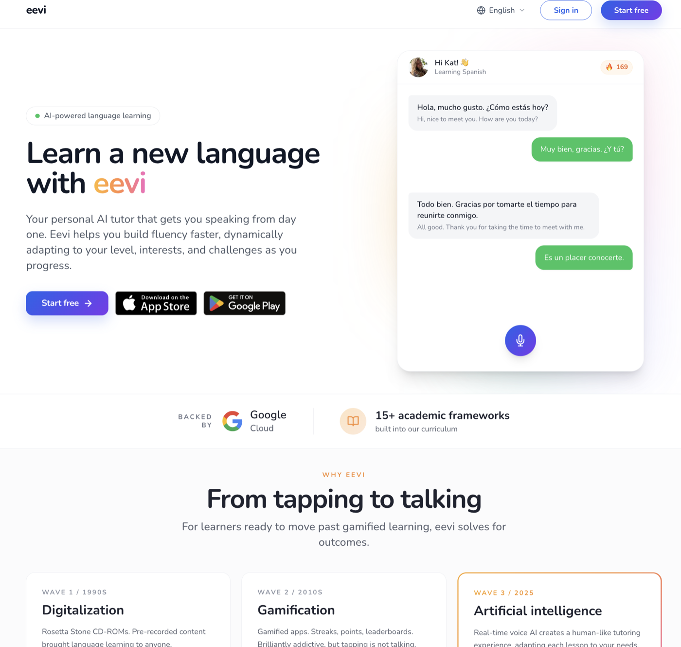 The refreshed eevi.ai homepage